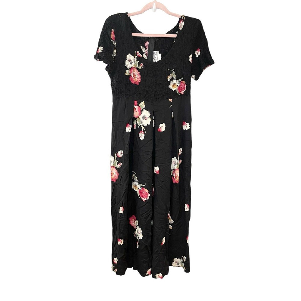 Jeffrey & Dara Vintage 90s Jumpsuit Smocked Black Floral Wide Leg Office Cottage